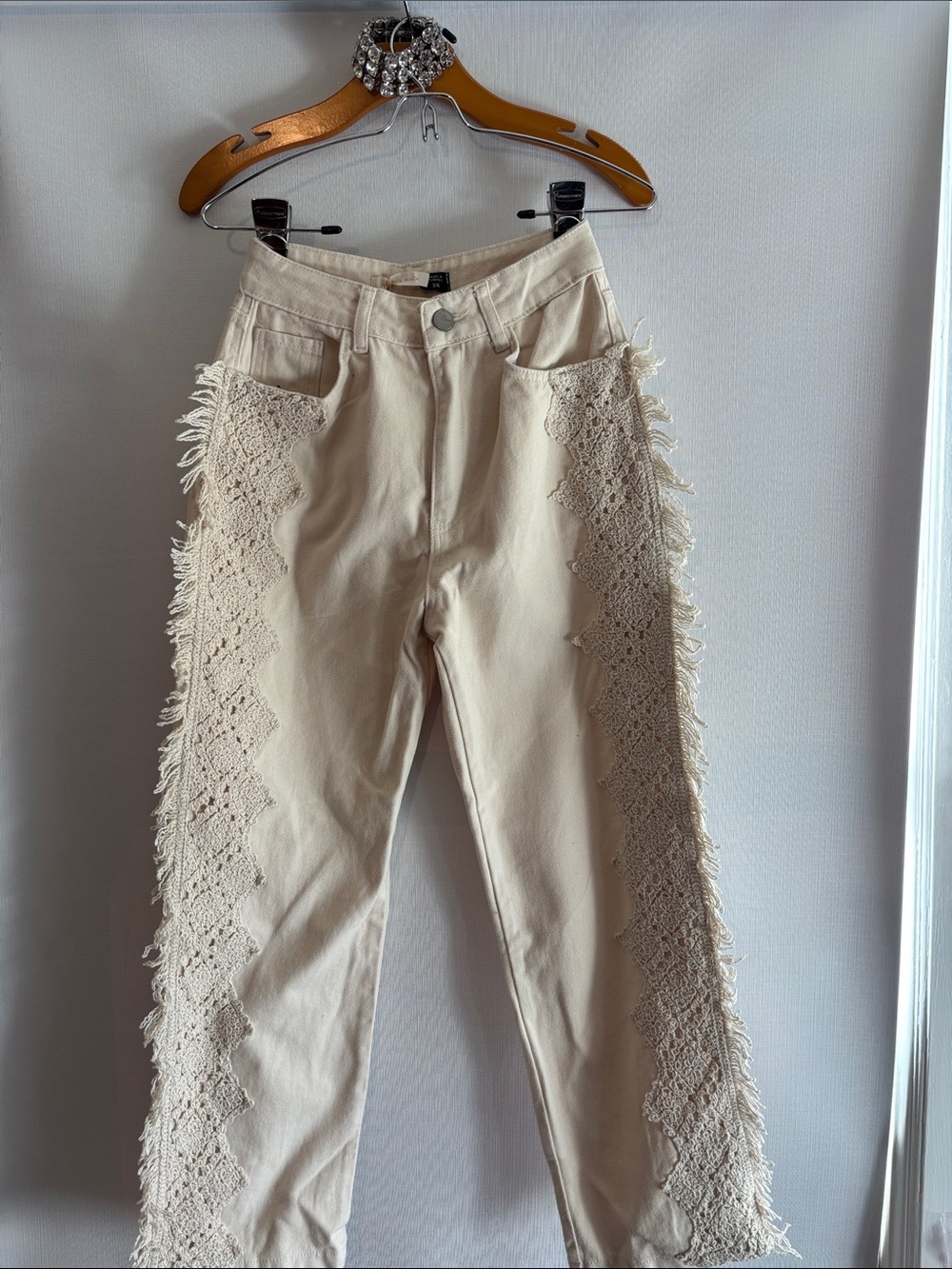 J’DA Palm Beach Cream Straight-Leg Jeans with Crochet Side Panels, fringe